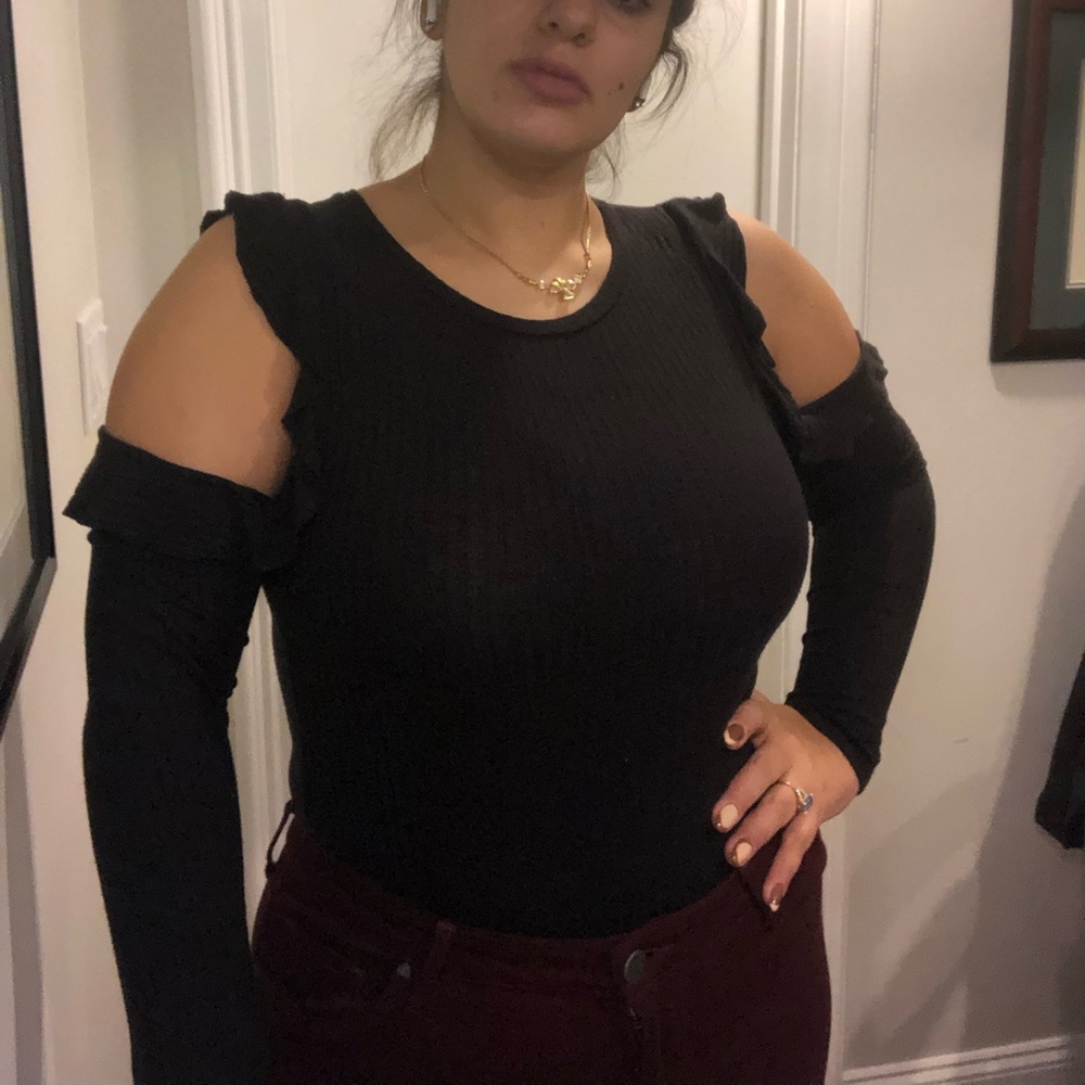 Black ruffle open shoulder bodysuit